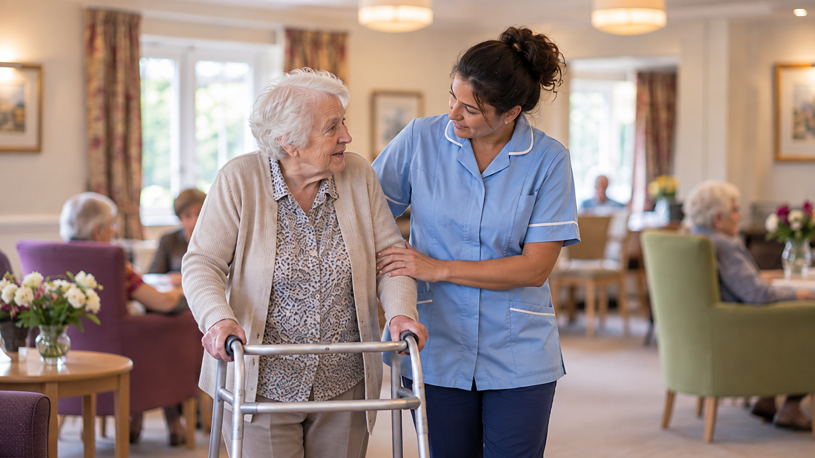 Carer helping an older lady walking with a frame