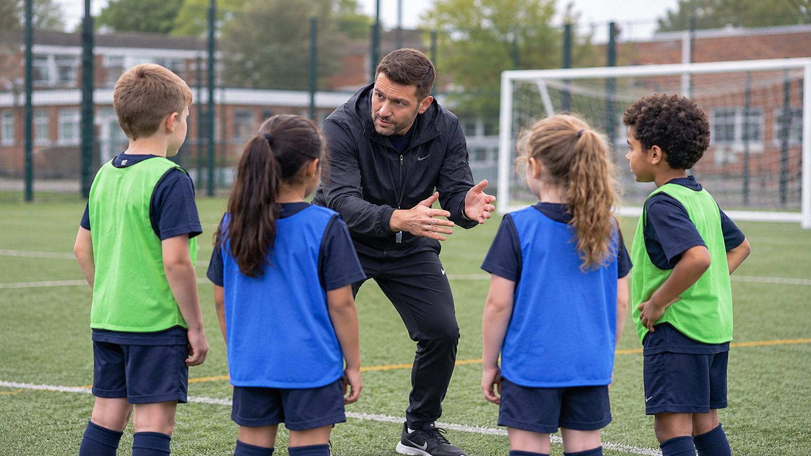Children&rsquo;s sports coach on a pitch